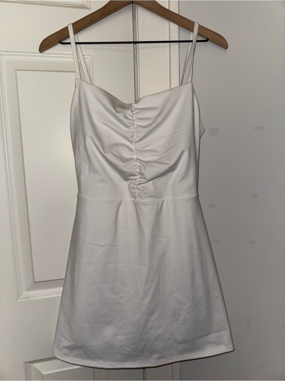 White Ruched Front Spaghetti Strap Mini Athletic Dress
